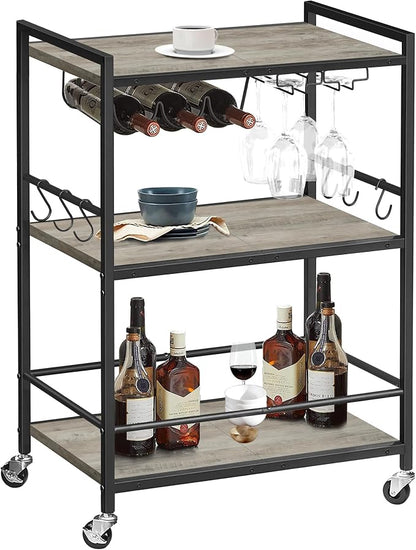 TUTOTAK Bar Cart with Wheels, Drink Cart with Wine Rack and Glass Holder | 3-Tier 23.7 Inch Wide Home Bar Serving Carts, Small Mobile Kitchen Shelf with 6 Hooks, Greige BC01BG030