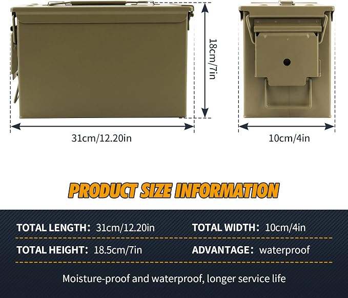 GUGULUZA Metal Ammo Can 30 50 Cal, Waterproof Airtight Ammo Containers Case | Heavy-Duty Ammunition Storage Case Military Container, Lockable Box w/Flip Top for Long-Term Storage Bullet, 30Cal and 50 Cal