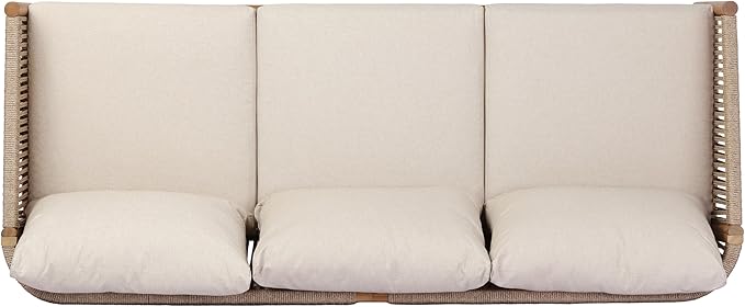 Christopher Knight Home Bubi Acacia Wood Outdoor 3 Seater Sofa with Cusion, Solid Wood Patio Sofa with Woven Rope Accents, Comfy Lounge Sofa for Patio Furniture Set, Teak+Beige