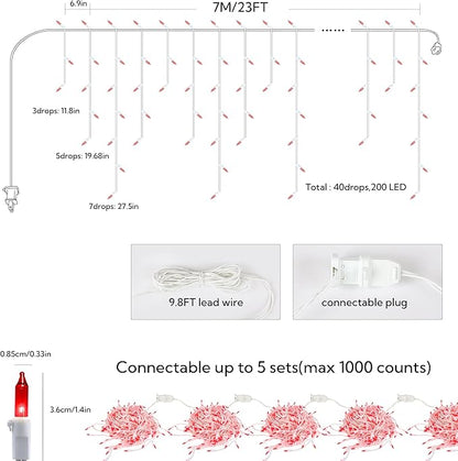 23FT 200Count Red Icicle Lights,White Wire Icicle Mini Lights Plug in with 40 Drops,Hanging Curtain Fairy String Light Connectable for Christmas Valentine's Day Halloween Party Decorations
