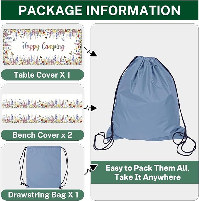 Picnic Table Cover with Bench Covers, Butterfly Camper, 72 Inch | 3PCS Waterproof Fitted Tablecloth with Elastic Edges Outdoor Camping Essentials Drawstring Bag
