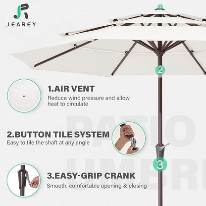 JEAREY 9FT 3 Tier Patio Umbrella Outdoor Market Umbrella Table Umbrellas with 8 Ribs 1.5 Pole Push Button Tilt and Crank UV Protection for Garden,Off-white