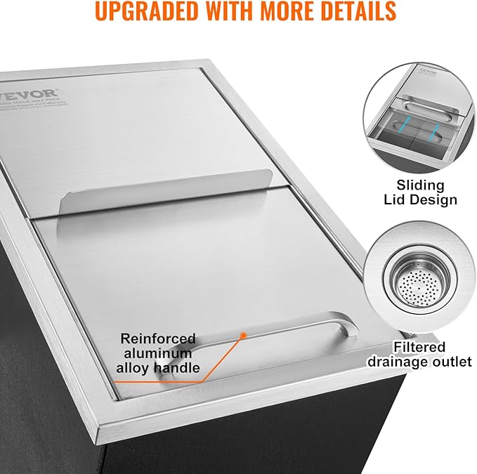 VEVOR Drop in Ice Chest, 18"L x 12"W x 14.5"H Stainless Steel Ice Cooler, Commercial Ice Bin with Sliding Cover, 40.9 qt Outdoor Kitchen Ice Bar, Drain-pipe and Drain Plug Included, for Cold Wine Beer | Commercial Ice Bin for Cold Wine Beer, 40.9 qt Ou...