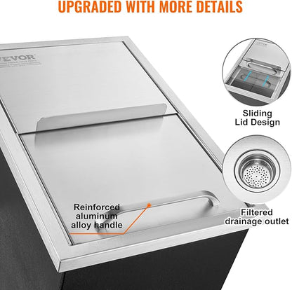 VEVOR Drop in Ice Chest, 18"L x 12"W x 14.5"H Stainless Steel Ice Cooler, Commercial Ice Bin with Sliding Cover, 40.9 qt Outdoor Kitchen Ice Bar, Drain-pipe and Drain Plug Included, for Cold Wine Beer | Commercial Ice Bin for Cold Wine Beer, 40.9 qt Ou...