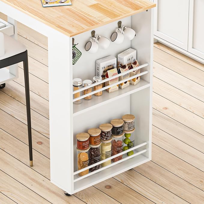 81.5" Kitchen Island with Extendable Dining Table, Rolling Kitchen Cart on Wheels with Spice Rack, Drawer and Door Cabinet for Dining Room, White
