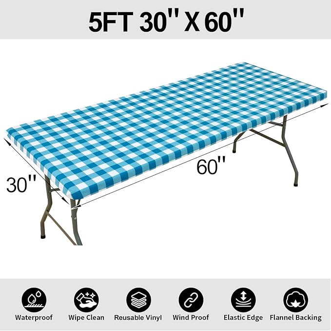 Smiry Rectangle Picnic Table Cloth, Elastic Waterproof Fitted Vinyl Tablecloths, Flannel Backed Buffalo Plaid Table Covers for Dining, Camping, Outdoor (White and Turquoise, 30" x 60")