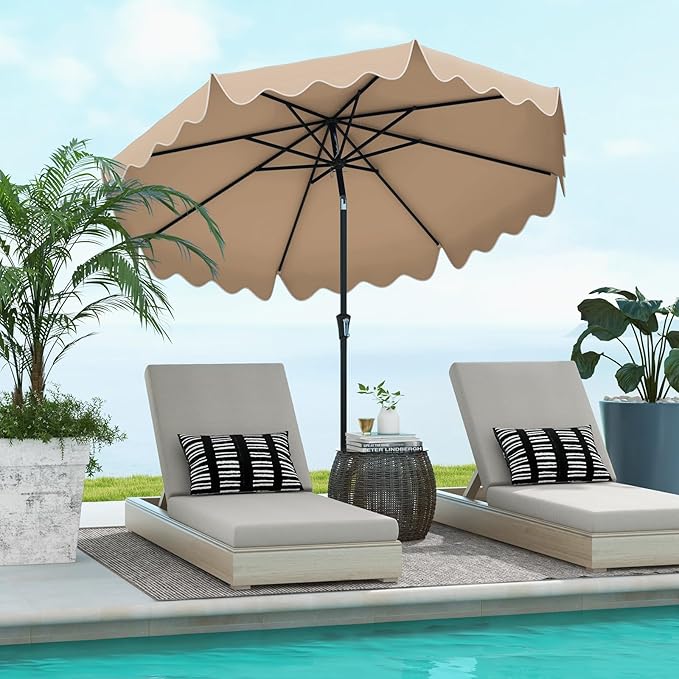 Tangkula 9Ft Patio Umbrella with Crank, 2-Tier Outdoor Umbrella with Push Button Tilt, Sun-Protective Canopy, 8 Ribs, Scalloped Patio Umbrella for Outdoor Beach Deck Pool Table (Coffee)