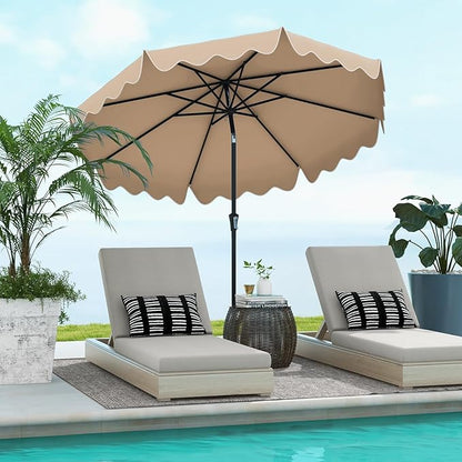 Tangkula 9Ft Patio Umbrella with Crank, 2-Tier Outdoor Umbrella with Push Button Tilt, Sun-Protective Canopy, 8 Ribs, Scalloped Patio Umbrella for Outdoor Beach Deck Pool Table (Coffee)