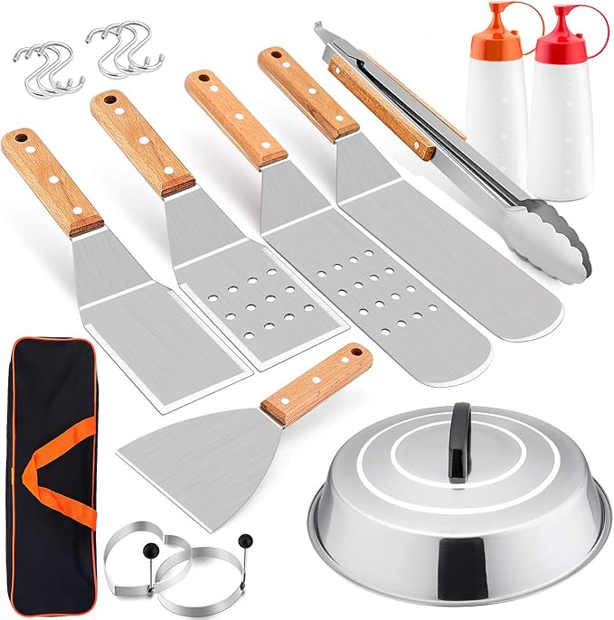 HaSteeL Griddle Accessories Set of 12, Professional Stainless Steel Metal Spatula Tools with 12in Cheese Melting Dome, Heavy Duty Griddle Spatulas Great for Teppanyaki Flat Top Cooking Outdoor Indoor
