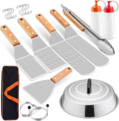 HaSteeL Griddle Accessories Set of 12, Professional Stainless Steel Metal Spatula Tools with 12in Cheese Melting Dome, Heavy Duty Griddle Spatulas Great for Teppanyaki Flat Top Cooking Outdoor Indoor