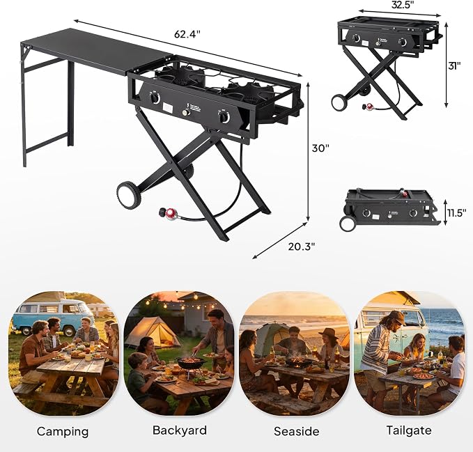 ROVSUN 2 Burner Outdoor Camping Stove with Side Table, Portable Propane Burner, Gas Cooker with Foldable Leg & CSA Regulator for Home Camp Paito Cooking Frying Canning