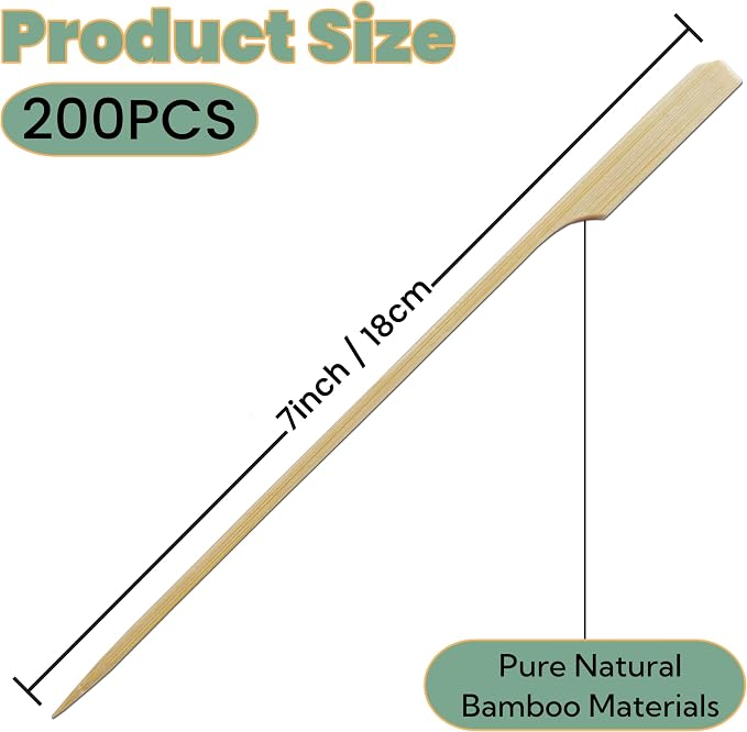 200PCS 7 Inch Bamboo Skewers for Grilling Kabob Skewers Wood Paddle Flat Bamboo Sticks for Fruit, BBQ, Kitchen (7 Inch)