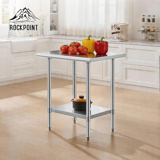 ROCKPOINT SS304 Top All Stainless Steel Table for Prep & Work 24x30 Inches, NSF Commercial Kitchen Heavy Duty Table with Adjustable Undershelf for Restaurant,Kitchen, Home and Hotel