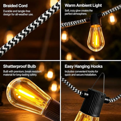 Solar String Lights Outdoor, 31FT Braided Cord, 20 Edison LED Bulbs, Remote | USB Charging, 8 Modes, 4 Brightness Levels, Timer, 15-20H Runtime, 2200K Warm Glow, IP44 for Patio, Gazebo, Cafe and Camping