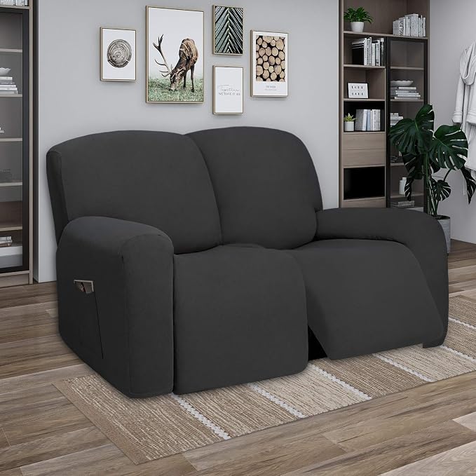 PureFit Super Stretch Loveseat Recliner Sofa Couch Cover with Pocket | 2 Seats Non Slip Soft Sofa Slipcover, Washable Reclining Furniture Protector for Kid,Pets (Recliner Loveseat, Dark Gray)