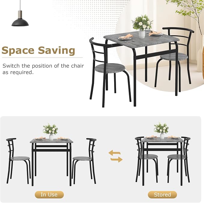 VECELO 3-Piece Dining Table Set for Kitchen Breakfast Nook, Wood Grain Square Tabletop and Metal Frame, for Small Spaces, Grey