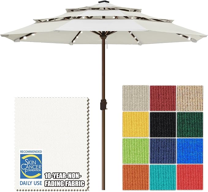 EliteShade USA 10-Year-Non-Fading 10ft 3-Tier Market Patio Umbrella, Commercial Table Umbrella with 80 Solar LED Lights, Crank Open, Windproof & UPF 50+ UV Protection for Garden, Deck, Pool, Backyard, No Tilt, White