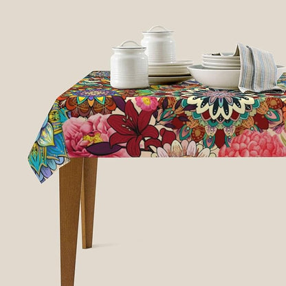Rectangle 54"x72" Boho Floral Table Cloth, Colorful Flowers Tablecloth Oil-Proof Waterproof Kitchen Dining Room Decorative Table Cover for Party Birthday Outdoor Indoor