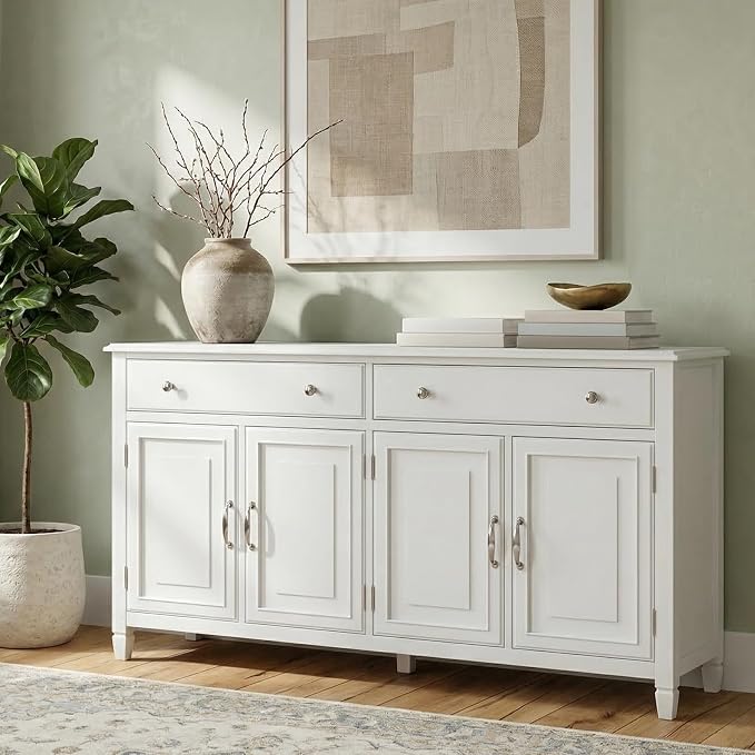 SIMPLIHOME Connaught 67" Wide Solid Wood Sideboard Cabinet in White | Traditional 4-door dining room buffet with 2 drawers and adjustable shelves for organized kitchen or living room storage.