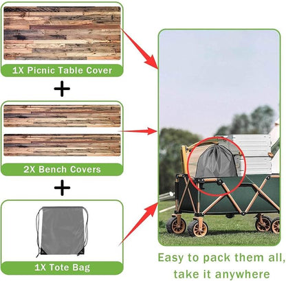 JAWO Brown Rustic Wooden Picnic Table Cover with Bench Covers, Modern Camping RV Essentials Gear Supplies Outdoor Waterproof Windproof Tablecloth with Elastic, 30X72in