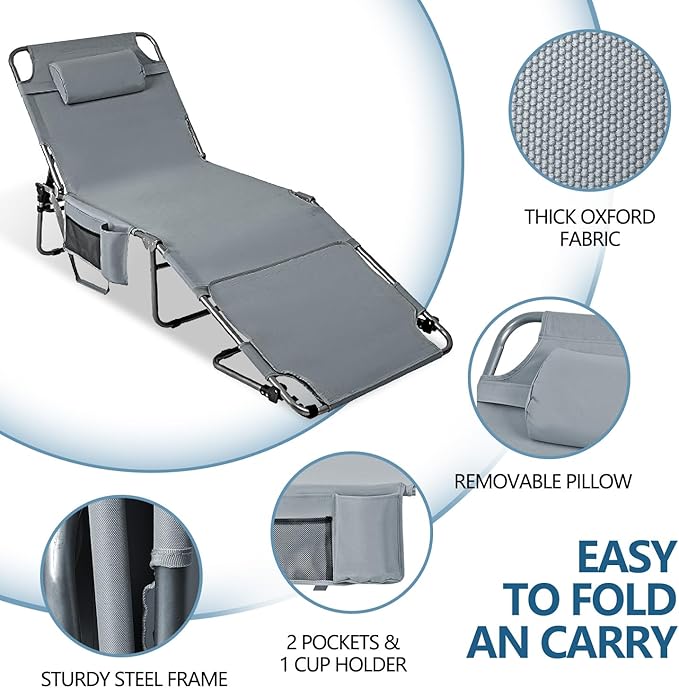 Tanning Chair with Face Hole, Adjustable Folding Chaise Lounge Chairs for Outside with Detachable Pillow & Pocket，Portable flat beach chairs for sunbathing, beach lawns camping (Deep Grey, Standard)