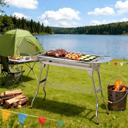 Portable Charcoal Barbecue Grill with Storage, Folding Small BBQ for Camping Tailgating Picnic, Includes Grill Grate and Non-Stick Pan, Stainless Steel Outdoor Cooker with Air Vents