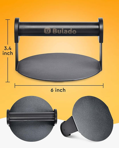 Bulado Burger Press, 6'' Round Burger Smasher for Griddle with Heat-Resistant Handle, Teflon-Coated Iron Non-Stick Hamburger Smasher Tool for Flat Top Griddle, Grill, BBQ, Cooking, Gift Package