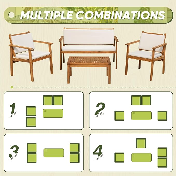 Flamaker Patio Furniture 4 Piece Outdoor Acacia Wood Patio Conversation Sofa Set with Table & Cushions Porch Furniture for Deck, Balcony, Backyard