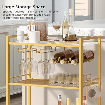 Joaxswe Bar Cart,3-Tier Home Bar Serving Cart with Lockable Wheels,Gold | Microwave Cart,Mobile Kitchen Shelf,Rolling Beverage Cart with Wine Rack and Glass Holder for Kitchen,Dinning Room