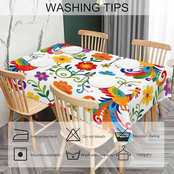 Decorative Rectangle Tablecloth 52"X70" Mexican Birds, Rainbow Paisley Birds Floral Wrinkle Free Table Cover, Picnic Table Cloths for Parties, Weddings, Kitchen