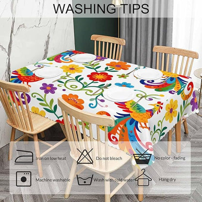 Decorative Rectangle Tablecloth 52"X70" Mexican Birds, Rainbow Paisley Birds Floral Wrinkle Free Table Cover, Picnic Table Cloths for Parties, Weddings, Kitchen