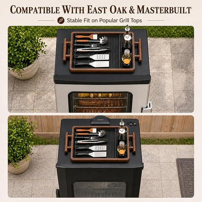 Wood Top Tray with Silicone Mat for East Oak Electric Smoker | Wood Serving Tray with Handles, BBQ Griddle Tools Mat for Masterbuilt, Blackstone, Gifts for Men
