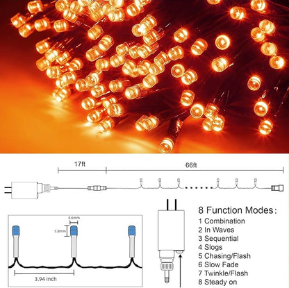 HOME LIGHTING 66FT 200 LED Halloween String Lights, Plug in Green Wire String Light, 8 Lighting Modes Waterproof Fairy Mini Lights for Indoor Outdoor Christmas Wedding Party Decorations (Orange)