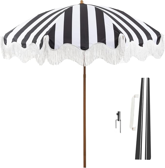 Rayjee 6.5FT Patio Umbrella with Fringe, Boho Outdoor Umbrella | UV Protection| Tilt & Adjustable Height | Brown Steel Pole | Carry Bag & Ground Stake | For Beach Pool Garden Terrace Picnic