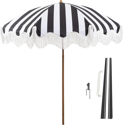 Rayjee 6.5FT Patio Umbrella with Fringe, Boho Outdoor Umbrella | UV Protection| Tilt & Adjustable Height | Brown Steel Pole | Carry Bag & Ground Stake | For Beach Pool Garden Terrace Picnic