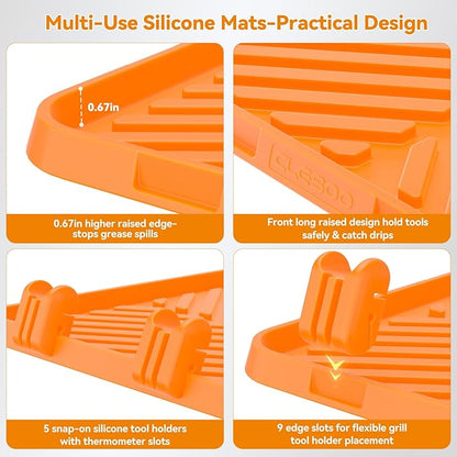 Silicone Griddle Tool Mat Blackstone Griddle Mat for Side Shelf Silicone Utensil Rest with Drip Pad, 5 Removable Grill Spatula Holders & Thermometer Slots, Flat Top Grill Accessories Orange 12x16 Inch