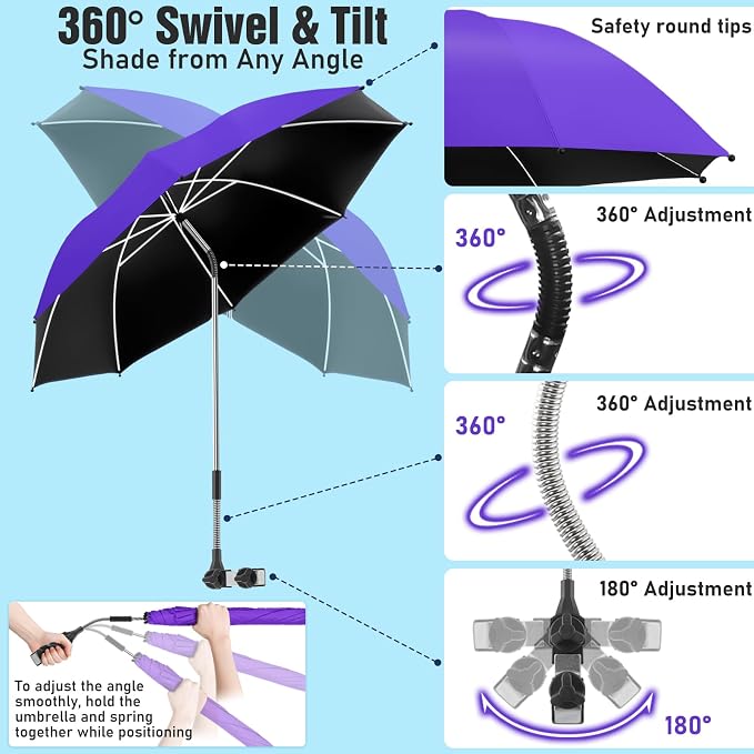2 PACK Beach Umbrella with Clamp, 360 ° Adjustable Umbrellas for Chair, UPF50+ Umbrella for Beach Chair, Patio Chair, Wheelchair, Camping Chair, Golf Carts (Chair Not Included)