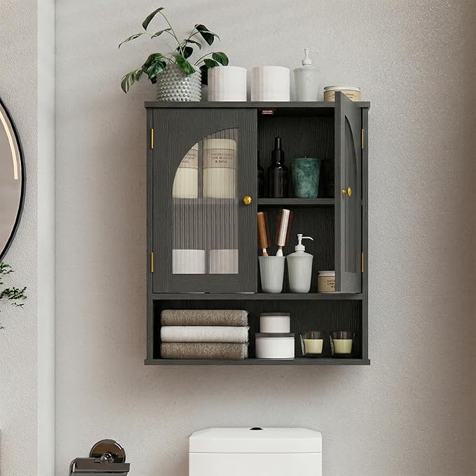 Bathroom Wall Cabinet, Over Toilet Storage Cabinet, Wall Mounted Medicine Cabinet with Arched Glass Doors & Adjustable Shelves, Bathroom Storage Cabinet with Open Storage Shelf, Black