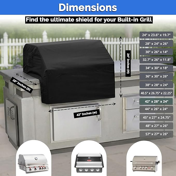 Covers & All Built-in Grill Cover for Outdoor Grill – Heavy Duty 12 oz Waterproof Built-in BBQ Grill Cover, PVC-Coated Polyester with Elastic Hem for Snug Fit (42 x 28 x 24 inches, Black)