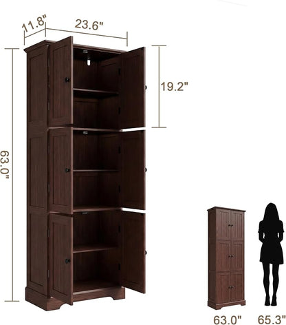 ChooChoo 63.2" Tall Bathroom Storage Cabinet with 6 Doors | Freestanding Floor Cabinet, Adjustable Shelves, Pantry Cabinet for Bathroom, Kitchen, Laundry Room, Rustic Walnut