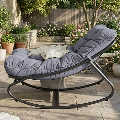 Garvee Outdoor Papasan Rocking Chair, Oversized Metal Frame Egg Rocker with Thick Waterproof Cushion, 450 lbs, Comfy Lounge for Patio, Porch, Garden, Living Room, Dark Gray