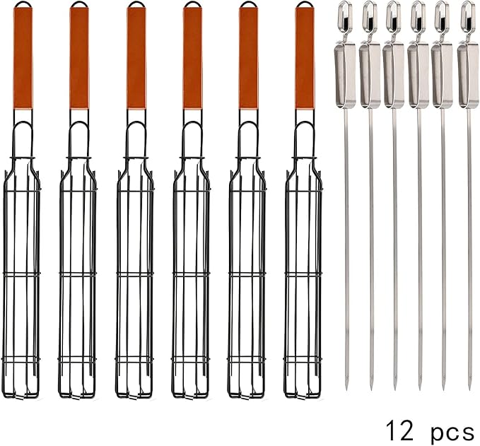 DEAYOU Set of 12 Kabob Grilling Baskets and Skewers, Stainless Steel BBQ Grill Basket Kebab Skewer, Nonstick Portable Barbecue Grate with Handle for Fish, Veggies, Steak (6 Baskets and 6 Skewers)