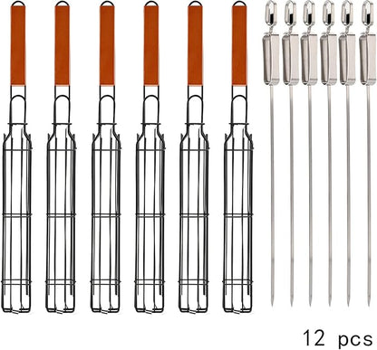 DEAYOU Set of 12 Kabob Grilling Baskets and Skewers, Stainless Steel BBQ Grill Basket Kebab Skewer, Nonstick Portable Barbecue Grate with Handle for Fish, Veggies, Steak (6 Baskets and 6 Skewers)