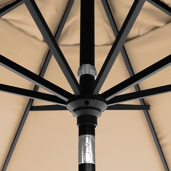 California Umbrella 12-Year-Non-Fading, 9Ft Premium Sunbrella Patio Umbrella, Hand-Crank, Button-Tilt, Black Frame, Heather Beige Fabric