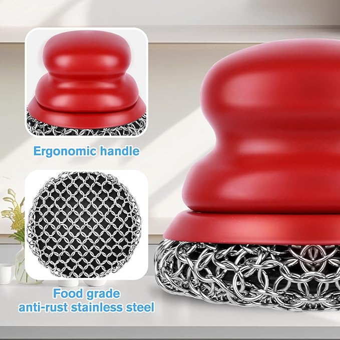 Cast Iron Scrubber and Scraper, Chain Mail Scrubber Cast Iron for Cleaning Dishes, Stock Pots, Pans, Griddles, Grills, Dish Scouring Pads