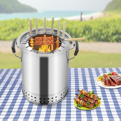 Large Portable Charcoal Grills Vertical Smoker Grill Mesh Barrel with Kabob Skewers Stainless Barbecue Roaster 360° Smokeless Outdoor BBQ Hanging Stove for Travel Camping (16 Skewers)