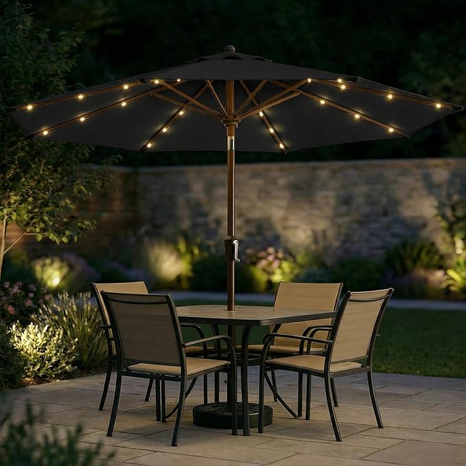 10FT Solar Patio Umbrella with Lights, Outdoor Table Market Umbrella with 32 LED Lights, 8 Sturdy Ribs, Push Button Tilt and Crank for Pool, Deck and Garden, UV-Resistant