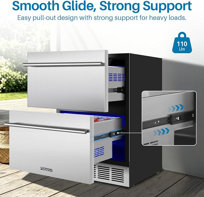 24 Inch Outdoor Drawer Refrigerator, 154 Cans Drawer Beverage Fridge, Freestanding or Built-In Outdoor Beverage Refrigerator with Stainless Steel Drawers for Kitchen, Patio, Home Bar