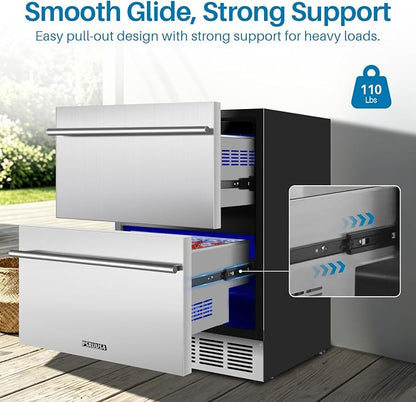 24 Inch Outdoor Drawer Refrigerator, 154 Cans Drawer Beverage Fridge, Freestanding or Built-In Outdoor Beverage Refrigerator with Stainless Steel Drawers for Kitchen, Patio, Home Bar