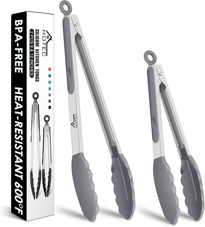 HOTEC Premium Stainless Steel Locking Kitchen Tongs with Silicon Tips, Set of 2-9" and 12" Light Grey